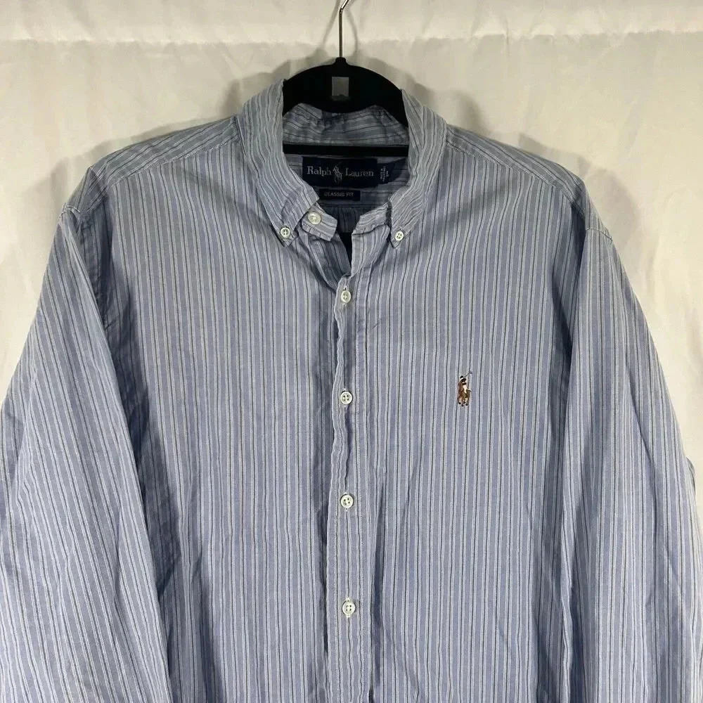 Ralph Lauren Dress Shirt Men's Large Blue Striped Button Up Long Sleeve - Picture 2 of 9